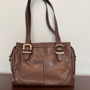 Patricia Nash brown leather shoulder bag with brass hardware